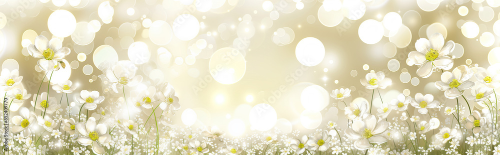Delicate white blossoms in a dreamy golden light. A field of delicate white flowers illuminated by a soft golden glow, with a bokeh effect in the background Delicate white blossoms in a dreamy golden light. A field of delicate white flowers illuminated by a soft golden glow, with a bokeh effect in the background