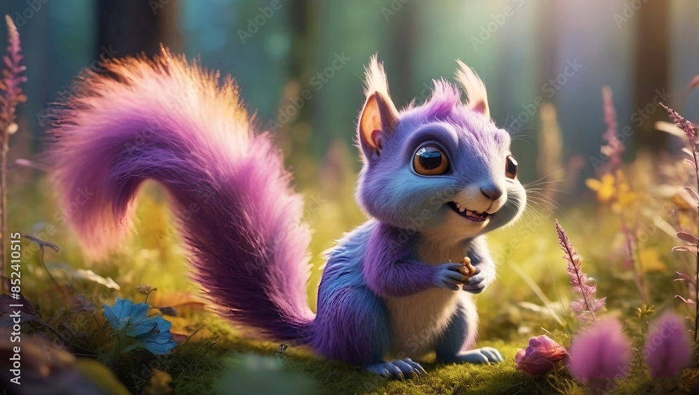 squirrel in the park anime illustration of a cute, colorful squirrel with cute monster look with a mix of blue, purple, pink, and yellows adorning its fur squirrel in the park anime illustration of a cute, colorful squirrel with cute monster look with a mix of blue, purple, pink, and yellows adorning its fur
