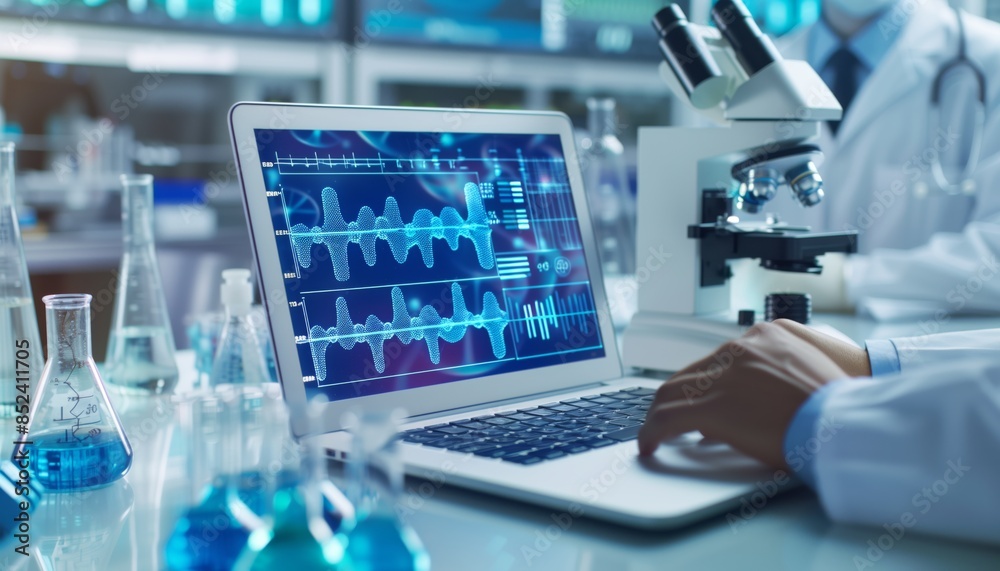 Research in the laboratory has an open laptop displaying DNA medical data using digital twin technology Research in the laboratory has an open laptop displaying DNA medical data using digital twin technology