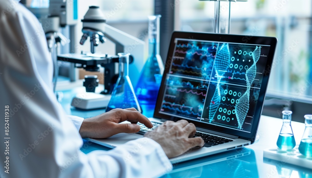 Research in the laboratory has an open laptop displaying DNA medical data using digital twin technology Research in the laboratory has an open laptop displaying DNA medical data using digital twin technology