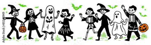 ハロウィンの仮装をして並んで歩く人々の愛いシンプルな落書きベクターイラスト