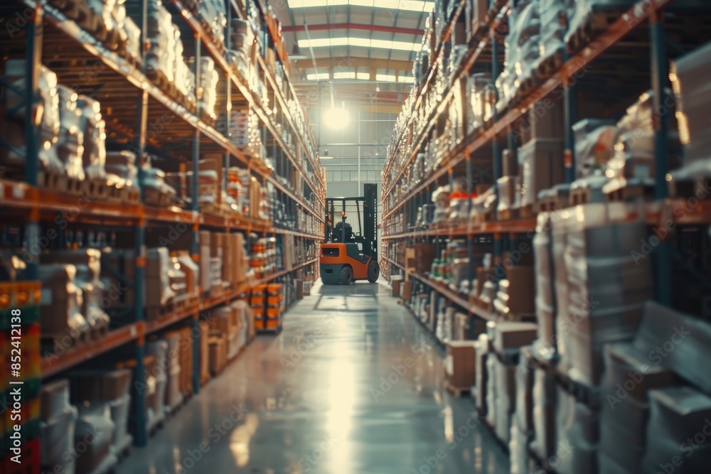 Retail warehouse full of shelves with goods in cartons, with pallets and forklifts. Logistics and transportation blurred background. Product distribution center Retail warehouse full of shelves with goods in cartons, with pallets and forklifts. Logistics and transportation blurred background. Product distribution center