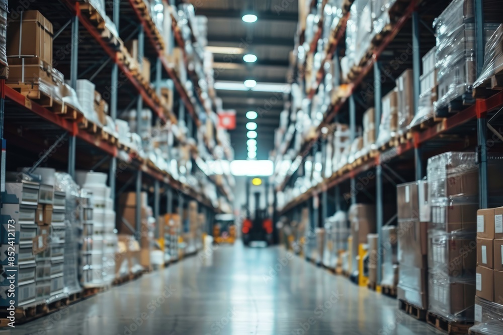 Retail warehouse full of shelves with goods in cartons, with pallets and forklifts. Logistics and transportation blurred background. Product distribution center Retail warehouse full of shelves with goods in cartons, with pallets and forklifts. Logistics and transportation blurred background. Product distribution center