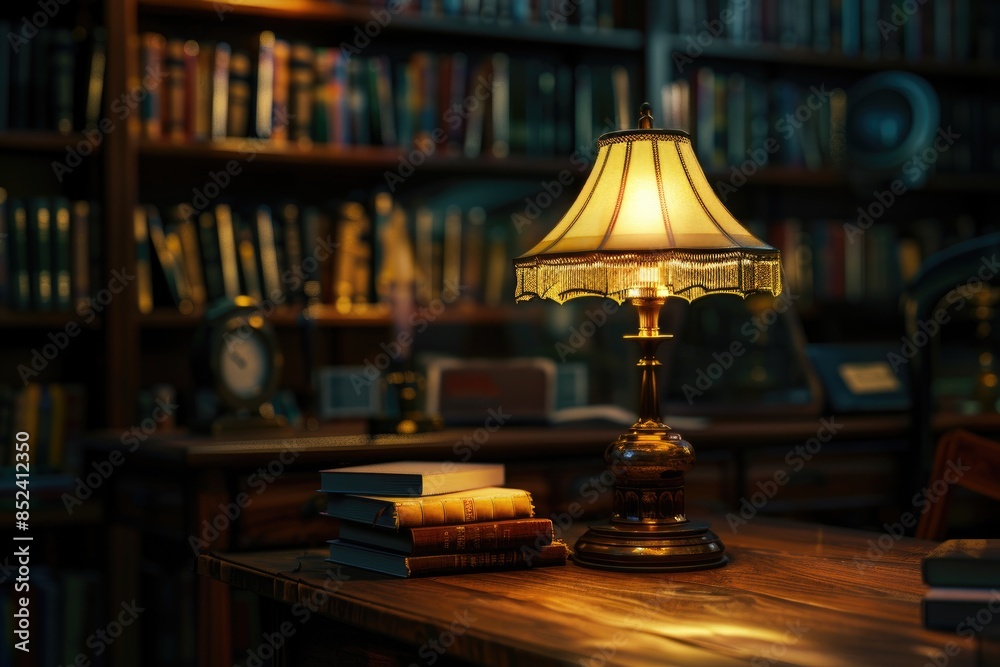 old books and lamp on the table old books and lamp on the table