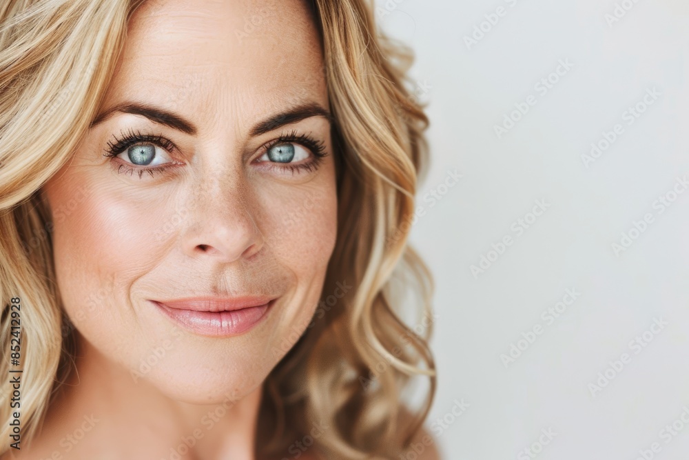 A close-up portrait of a woman with blonde hair and blue eyes A close-up portrait of a woman with blonde hair and blue eyes