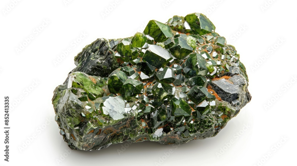 Close up image of unpolished demantoid mineral sample from Ural Mountains geological collection isolated on a white background Close up image of unpolished demantoid mineral sample from Ural Mountains geological collection isolated on a white background