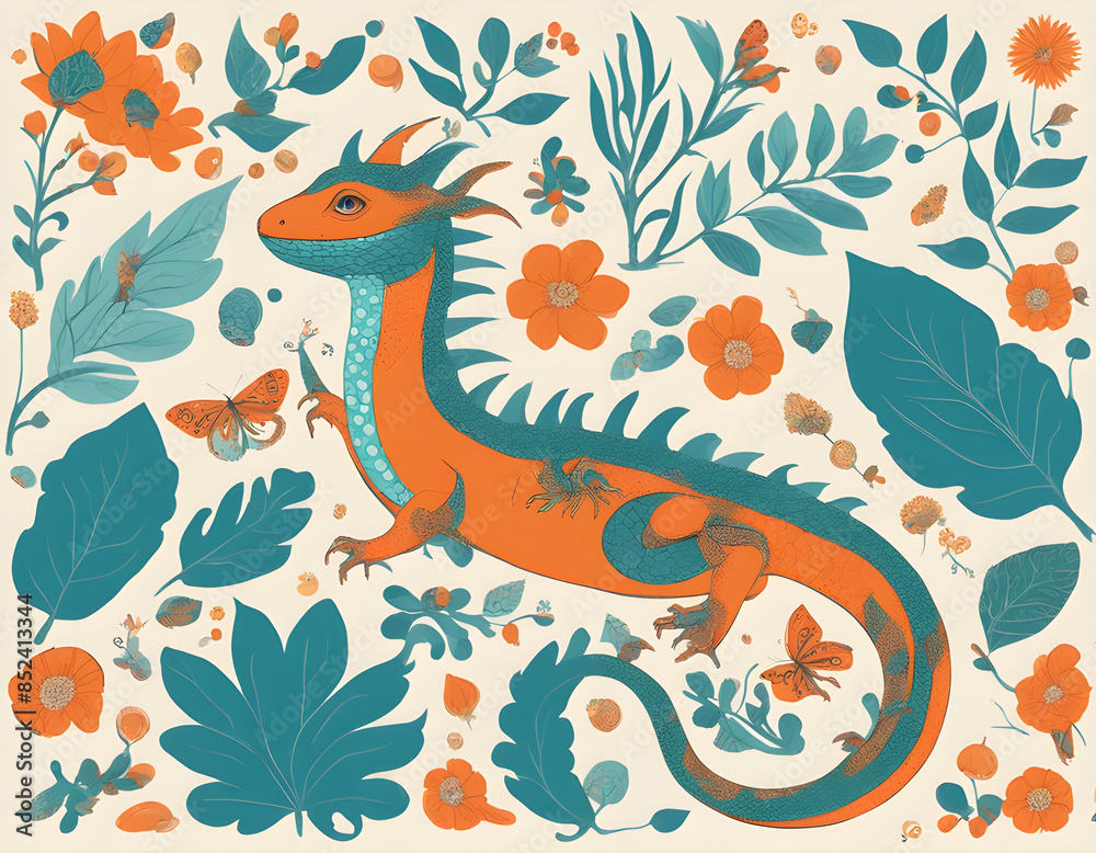 Fototapeta premium ,dragon in a lizard ,dragon with plants, berries, butterflies and other fauna with teal
