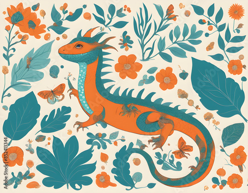 ,dragon in a lizard ,dragon with plants, berries, butterflies and other fauna with teal