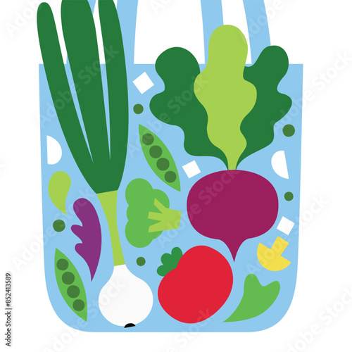 Vector modern illustration with vegetables and food laid out in a bag: onions, leeks, beets, tomatoes, broccoli, green peas, garlic, feta cheese, mushrooms, lettuce leaves, greens.