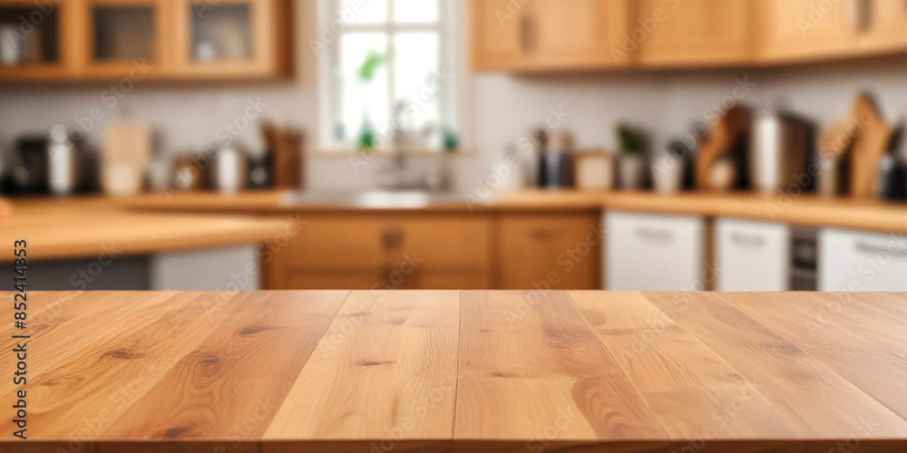Wooden table top on blur modern kitchen interior background
