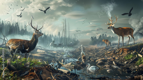 A Surreal Illustration of a Devastated Forest with Two Deer and Birds