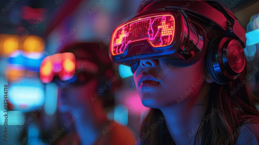 People Playing VR Games at Night in a High-Tech Room. Immersive Virtual Reality Experience with Futuristic and Cool Atmosphere, Highlighting Cutting-Edge Technology and Excitement. People Playing VR Games at Night in a High-Tech Room. Immersive Virtual Reality Experience with Futuristic and Cool Atmosphere, Highlighting Cutting-Edge Technology and Excitement.