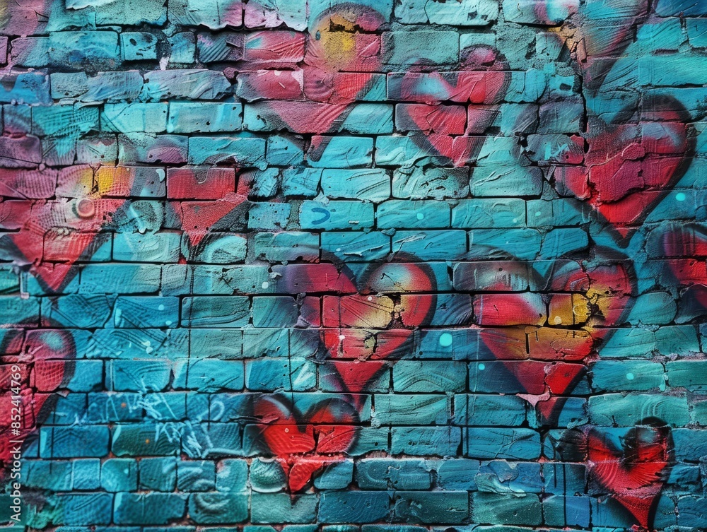 Obraz premium Brick wall with painted hearts in graffiti style.