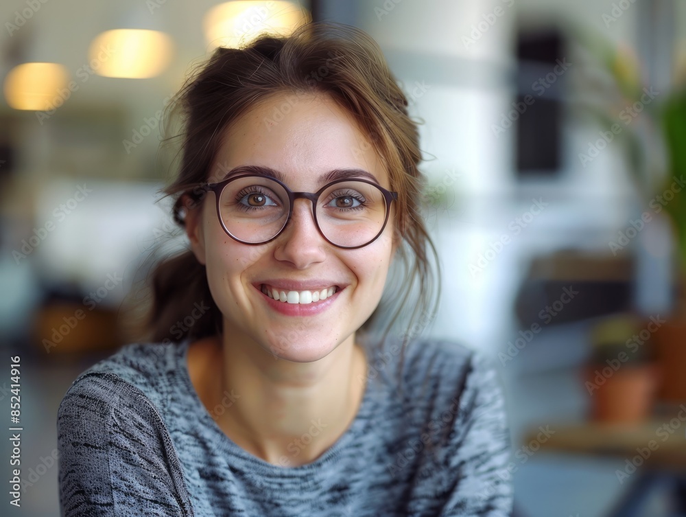business, people and teamwork concept - smiling businesswoman with eyeglasses talking in office business, people and teamwork concept - smiling businesswoman with eyeglasses talking in office