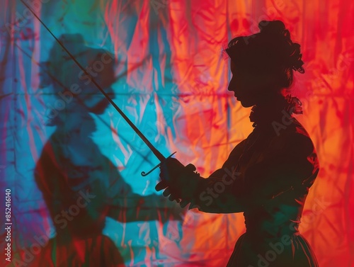 Silhouette of a woman holding a sword, with a double exposure effect, creating a dramatic and mysterious image.