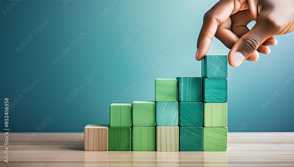 Hand stacking wooden blocks in a gradient from green to teal, symbolizing growth and progress in a business setting.