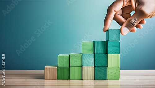 Obraz na płótnie Hand stacking wooden blocks in a gradient from green to teal, symbolizing growth and progress in a business setting. w salonie
