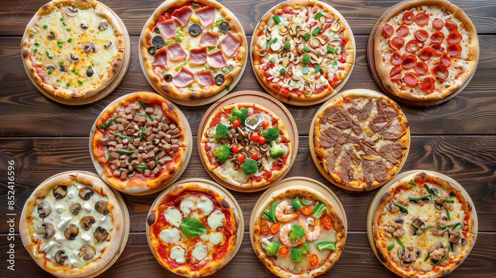 Variety of homemade italian pizzas with meat, vegetables, seafood, and mushrooms on white background