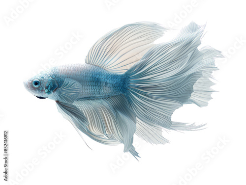 Close-up of a beautiful blue Betta fish with flowing fins on a white background, showcasing its intricate details and vibrant colors.