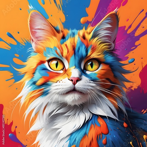 Colorful Cat Portrait with Paint Splatter