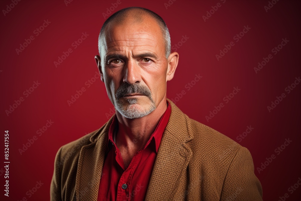 A man with a beard and mustache is wearing a red shirt and a brown jacket A man with a beard and mustache is wearing a red shirt and a brown jacket