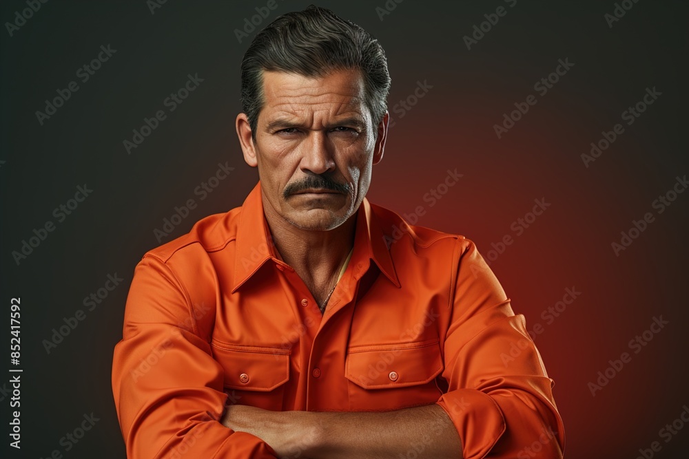 Obraz premium A man with a mustache and orange shirt is standing with his arms crossed