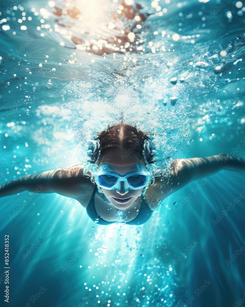 Naklejka premium Underwater shot of a swimmer in action, wearing goggles and a swimsuit, captured in a pool with sparkling water. Perfect for sports and lifestyle themes.