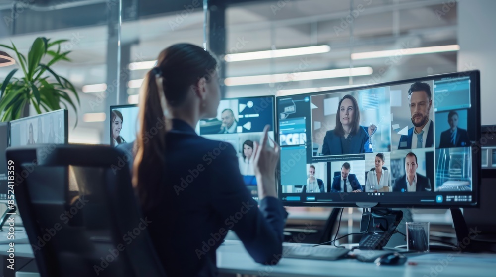 Office People Using Hologram in Modern Workplace Surrounded by Multiple Screens Showing European Business Colleagues in Video Conference, Daytime Office Environment with Futurist
