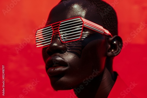 A close-up portrait of a person wearing red and white sunglasses against a red background