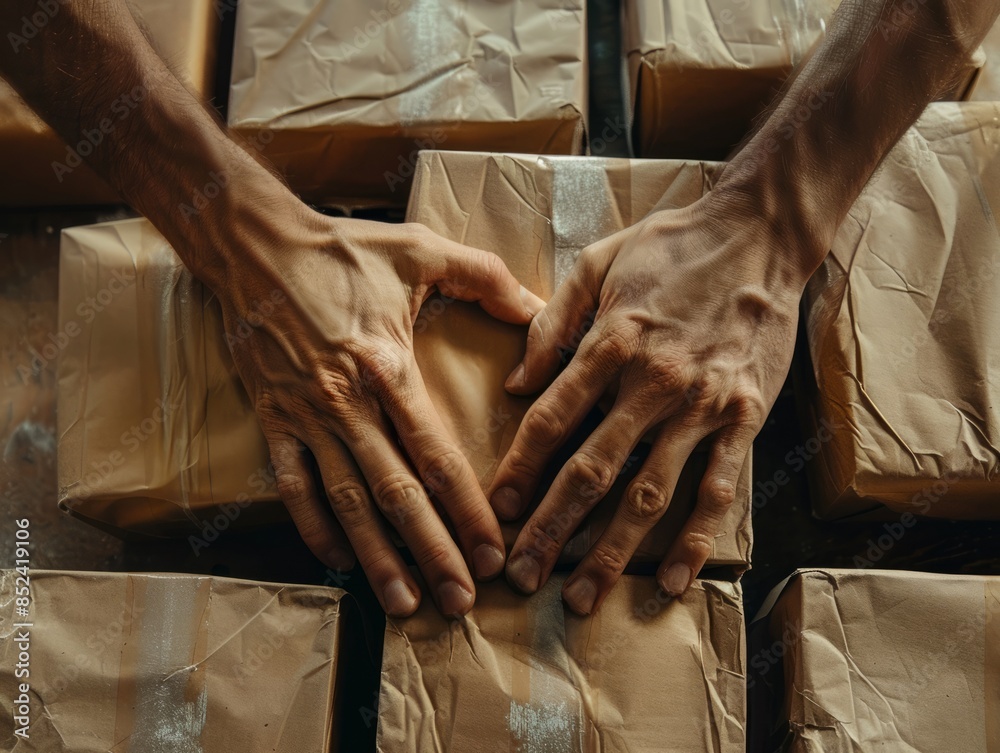 Obraz premium Hands assembling care packages for disaster relief up close.