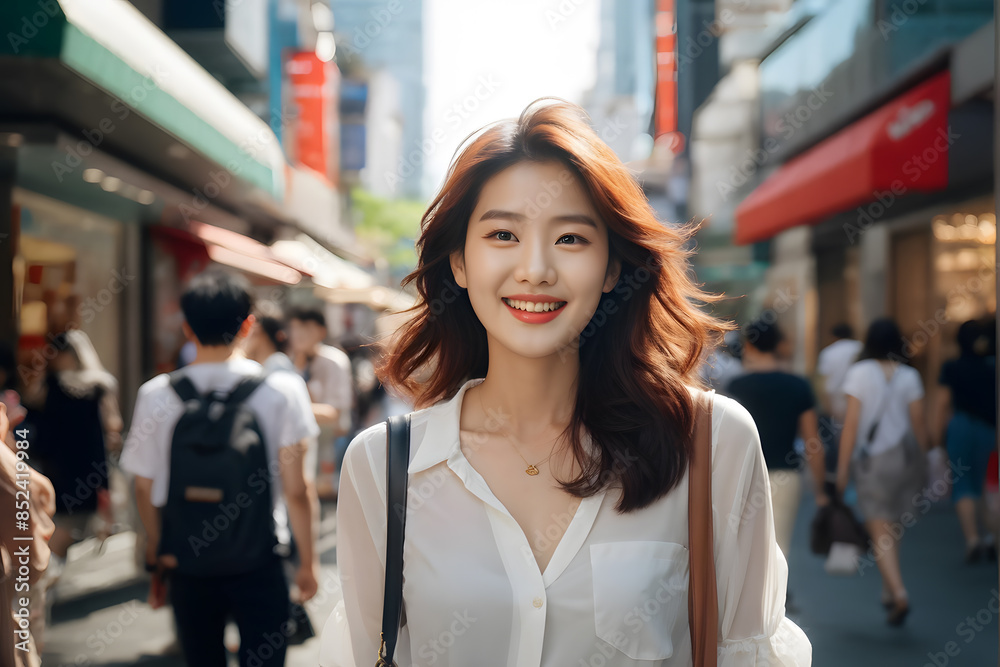 A woman is walking down a street with a smile on her face A woman is walking down a street with a smile on her face