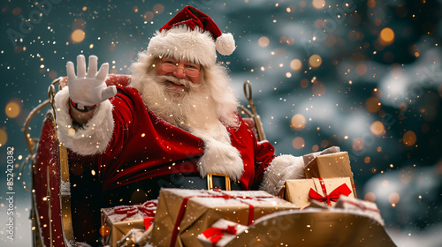 santa claus in his sleigh with gifts in snow