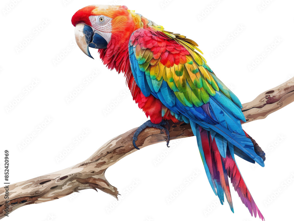 Fototapeta premium A vibrant, colorful macaw perched on a branch, showcasing its beautiful plumage. Suitable for use in various creative or educational projects.