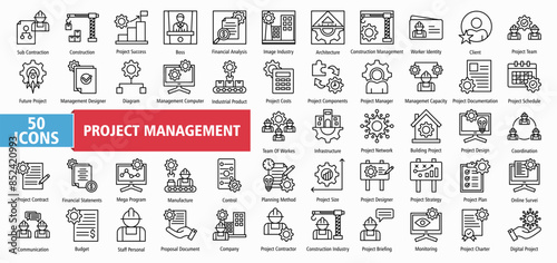 Project construction management icon collection set vector illustration. Containing subcontractor, design, success, boss, financial analysis, image industry, architecture icon. Simple line vector.