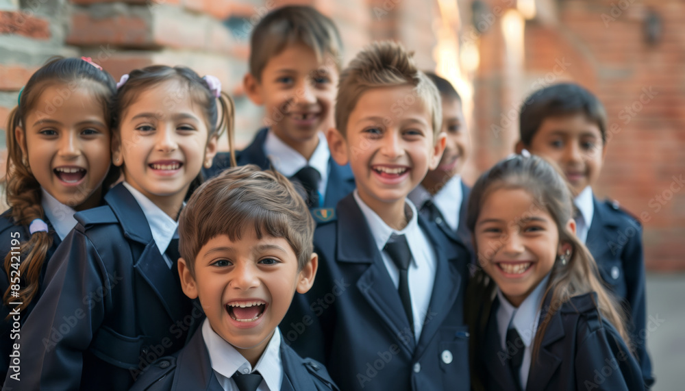A group of school children consisting of several boys and girls wearing neat school uniforms A group of school children consisting of several boys and girls wearing neat school uniforms
