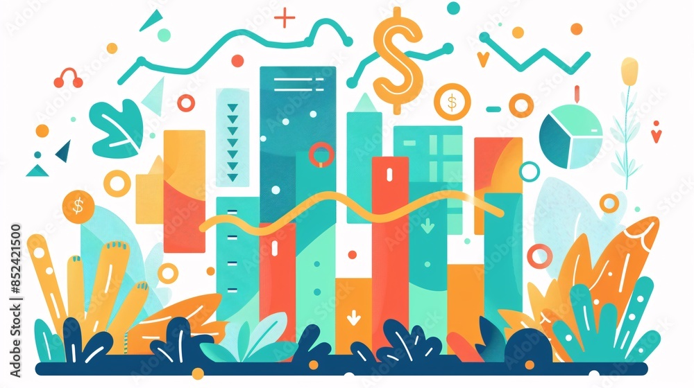A colorful drawing of a city with buildings and a dollar sign A colorful drawing of a city with buildings and a dollar sign