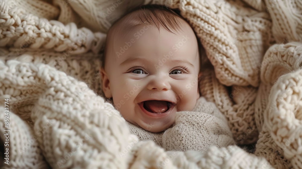 Adorable baby smiling while wrapped in cozy knitted blankets, capturing the essence of warmth and happiness. Adorable baby smiling while wrapped in cozy knitted blankets, capturing the essence of warmth and happiness.