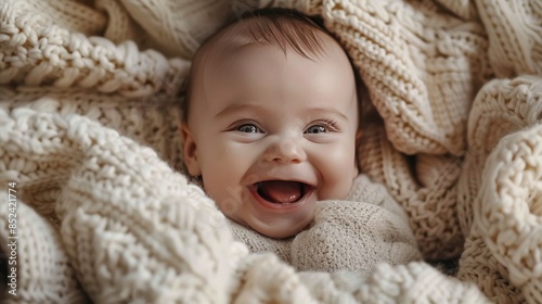 Adorable baby smiling while wrapped in cozy knitted blankets, capturing the essence of warmth and happiness.