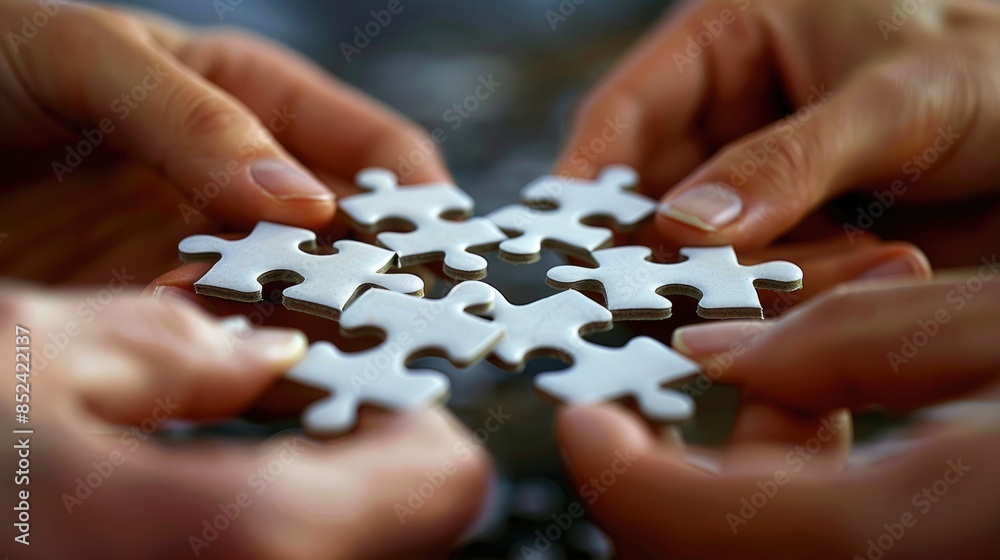 Close up of hands holding and connecting puzzle pieces, symbolizing teamwork, collaboration, and problem solving.