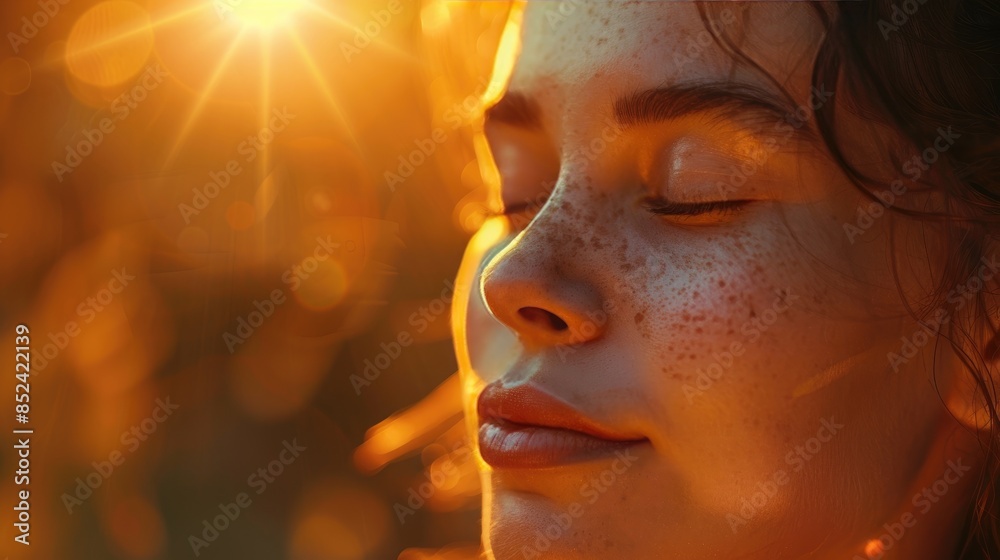 Close up of serene woman basking in golden sunset light, eyes closed and smiling, capturing a moment of peaceful relaxation. Close up of serene woman basking in golden sunset light, eyes closed and smiling, capturing a moment of peaceful relaxation.