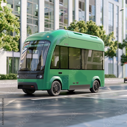 A green electric bus is parked on the side of the road