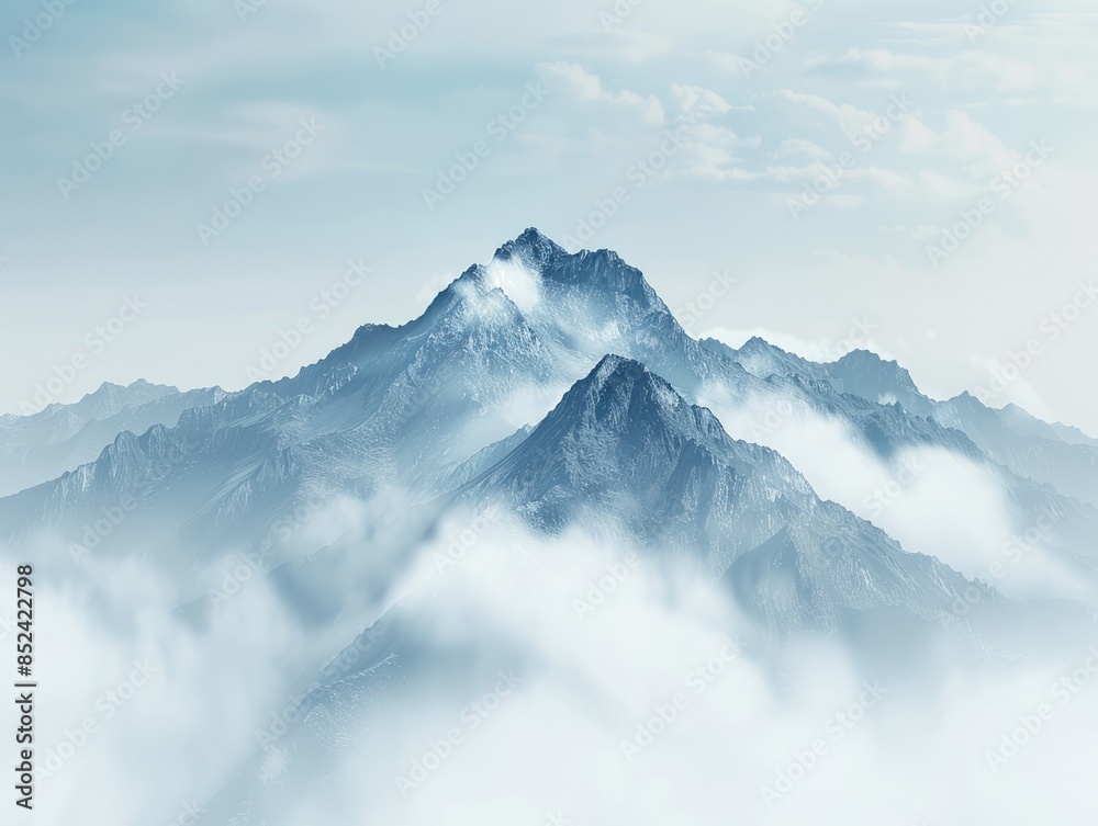 Obraz premium Mountains in the fog. Beautiful background with empty copy space. Mountain peak with clouds. Minimalist backdrop. Nature, success, travel, holiday concept.
