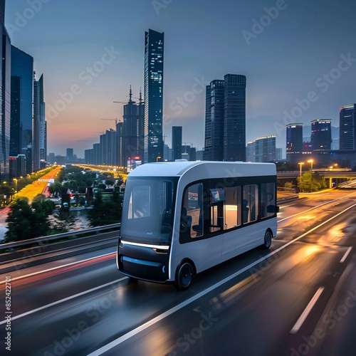 A white and black bus is driving down a city street at night