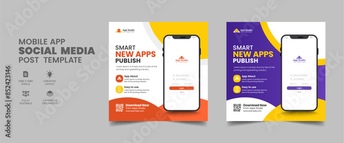 Mobile apps promotion social media post and web banner template. apps, mobile mockup, poster, flyer, brochure, leaflet, banner.