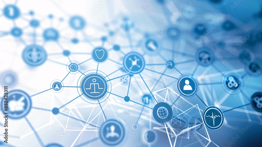 A blue and white image of a network of people and icons A blue and white image of a network of people and icons
