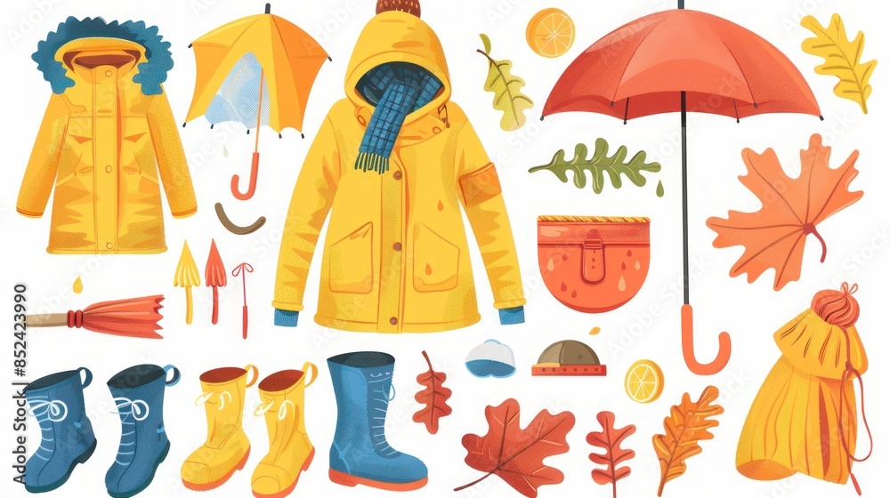 Autumn-themed accessories including boots, a raincoat, umbrella, and hat.
Autumn-themed accessories including boots, a raincoat, umbrella, and hat.