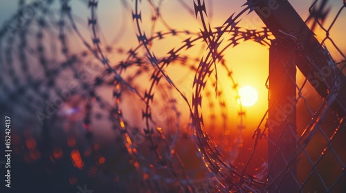 Silhouetted barbed wire against a dramatic sunset, symbolizing barriers and immigration issues.

 photo