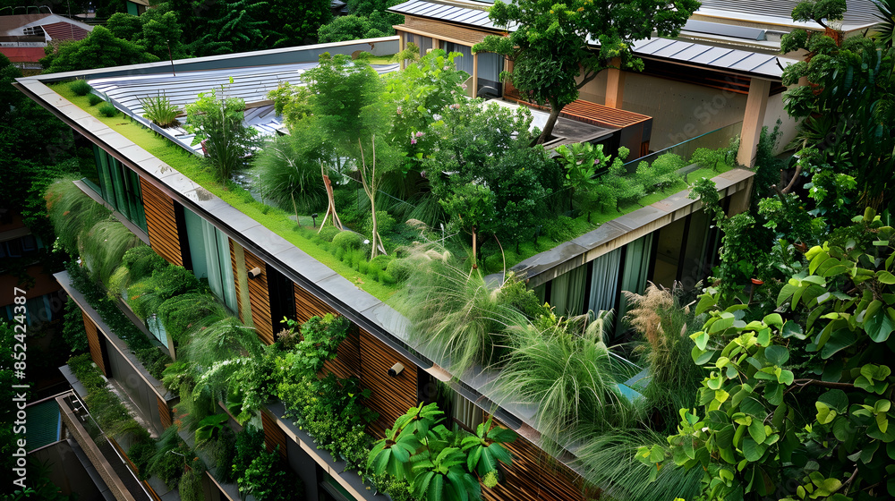 Fototapeta premium Green Roof Architecture - Modern Building with Lush Greenery - Photo
