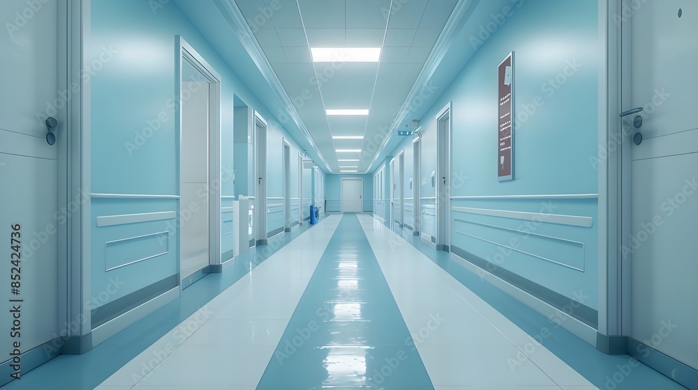 Obraz premium Hospital corridor floor with rooms background, empty space scene, clinic interior tunnel background, hallway, pathway for mock up with Generative AI.