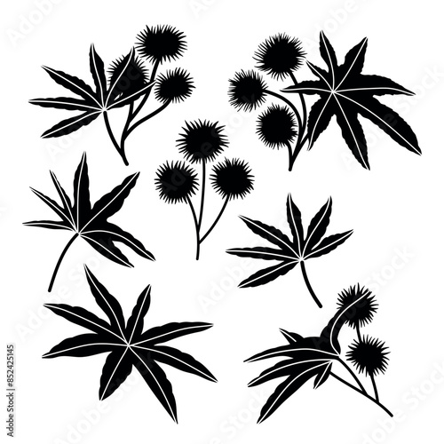 Castor leaves and fruits silhouette stencil templates